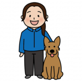 女性ドッグトレーナーと立ち耳わんちゃん