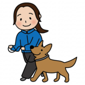 女性ドッグトレーナーとヒールウォークの練習をする立ち耳わんちゃん