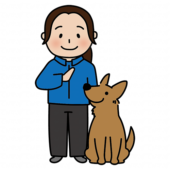 女性ドッグトレーナーと待てをする立ち耳わんちゃん