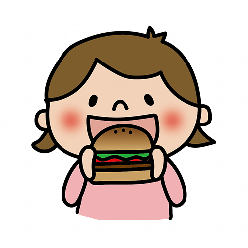 大きな口を開けてハンバーガーを食べている子供（女の子1）