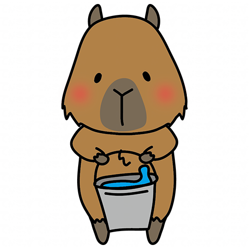 掃除用のバケツの水を運ぶカピバラ