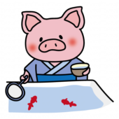 青い浴衣を着て金魚すくいをするぶた