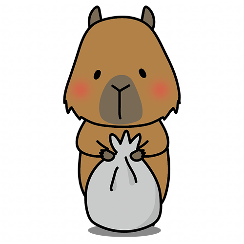ごみ袋にゴミをまとめるお手伝いをするカピバラ