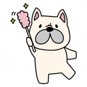 はたきでほこりを取るフレンチブルドッグ