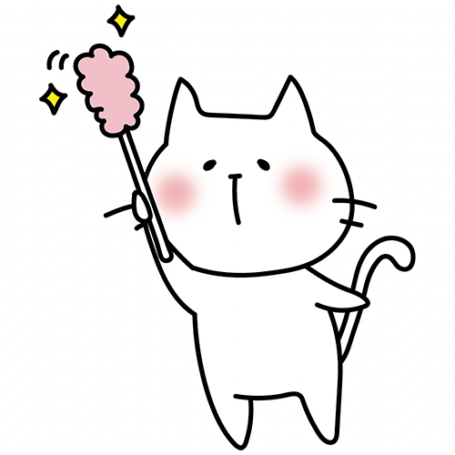 はたきでほこりを取る白い猫