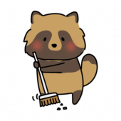 ほうきで掃除のお手伝いをするタヌキ