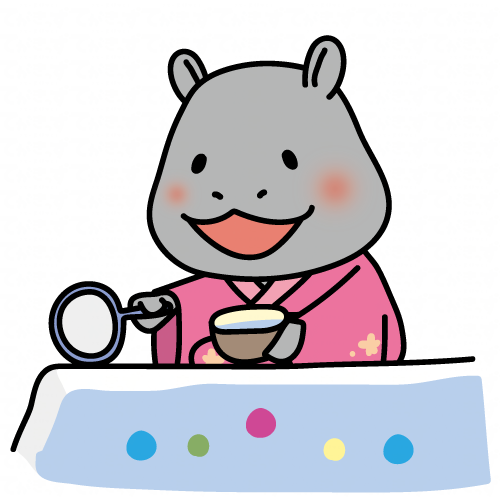 ピンクの浴衣を着てボールすくいをするカバ
