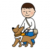 立ち耳の盲導犬と歩く男性