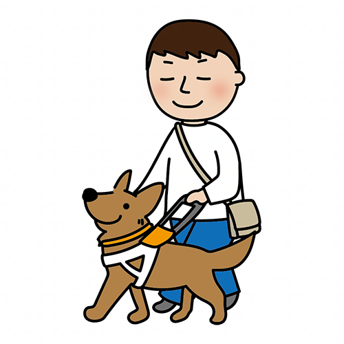立ち耳の盲導犬と歩く男性