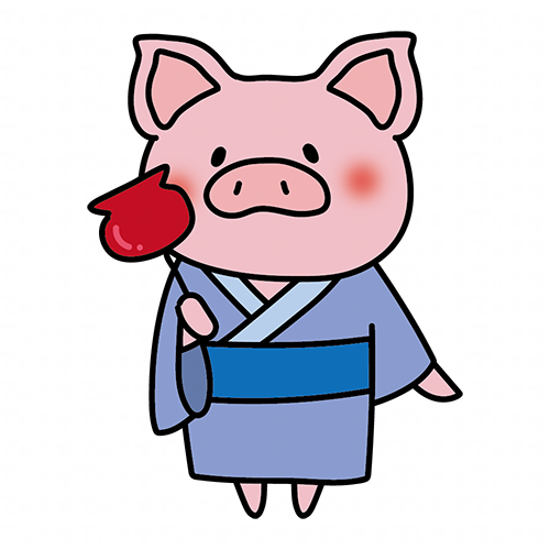 りんご飴を持っている浴衣を着たぶた