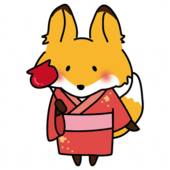 りんご飴を持っている浴衣を着たキツネ