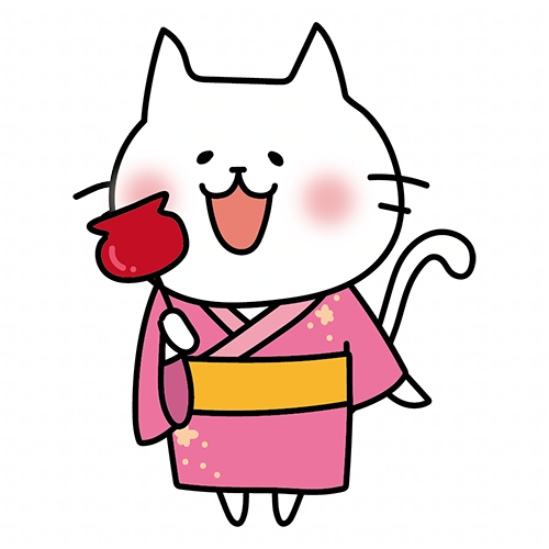 りんご飴を持っている浴衣を着た白い猫