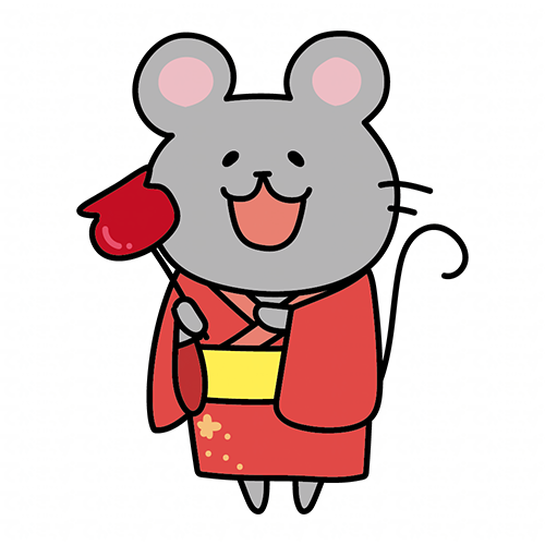 りんご飴を持っている浴衣を着たネズミ
