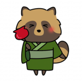 りんご飴を持っている浴衣を着たタヌキ