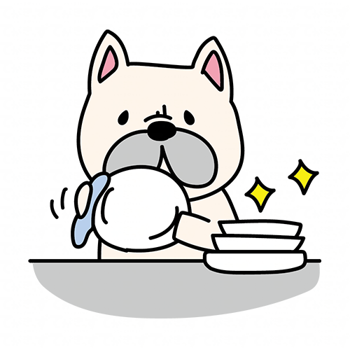 食器を拭くお手伝いをするフレンチブルドッグ
