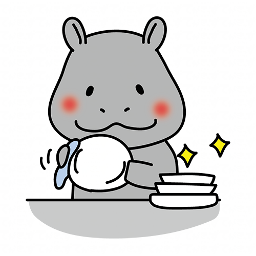 食器を拭くお手伝いをするカバ
