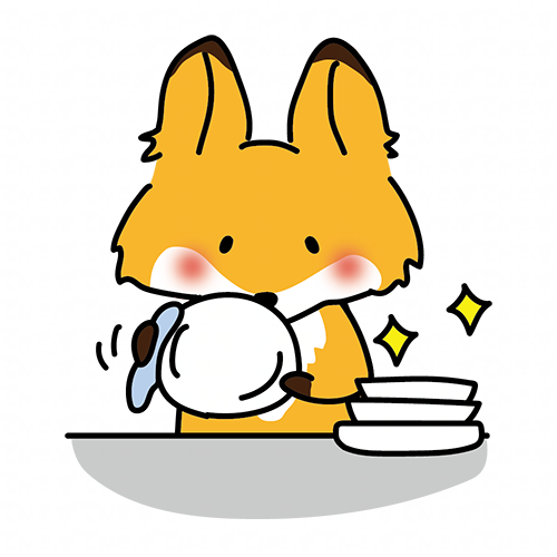 食器を拭くお手伝いをするキツネ