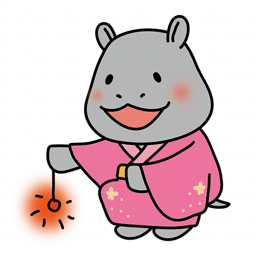 ピンクの浴衣を着て線香花火をするカバ