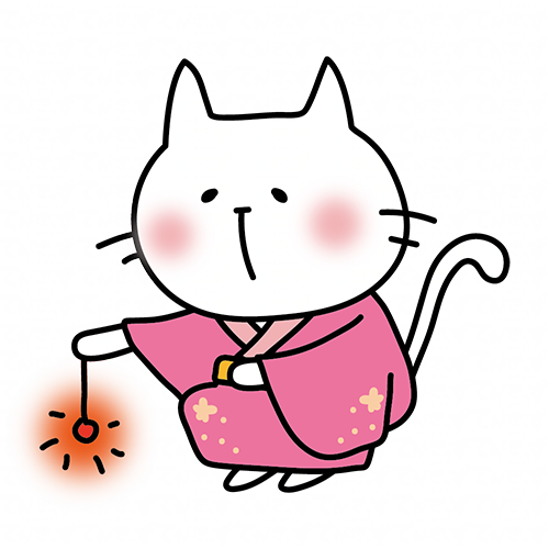 ピンクの浴衣を着て線香花火をする白い猫