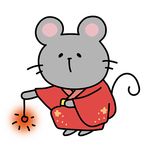 赤い浴衣を着て線香花火をするネズミ