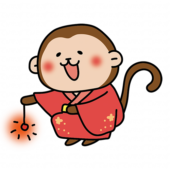 赤い浴衣を着て線香花火をする猿