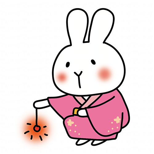 ピンクの浴衣を着て線香花火をする白いうさぎ
