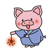 青い浴衣を着て線香花火をするぶた