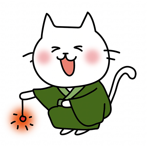 緑の浴衣を着て線香花火をする白い猫