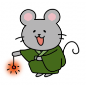 緑の浴衣を着て線香花火をするネズミ