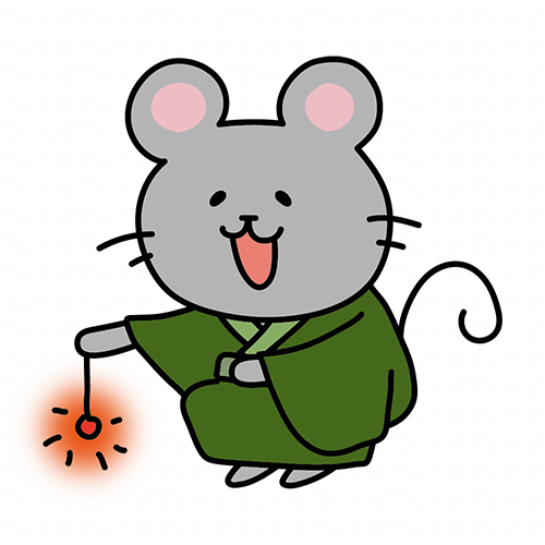 緑の浴衣を着て線香花火をするネズミ