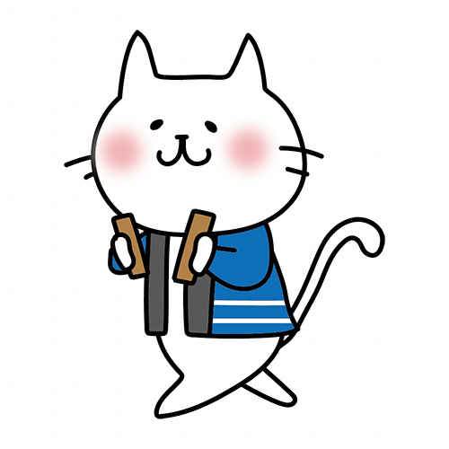 拍子木を持って火の用心の声掛けをしている白い猫