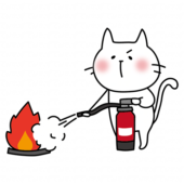 消火器を使って消火の練習をする白い猫