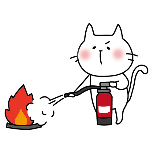 消火器を使って消火の練習をする白い猫
