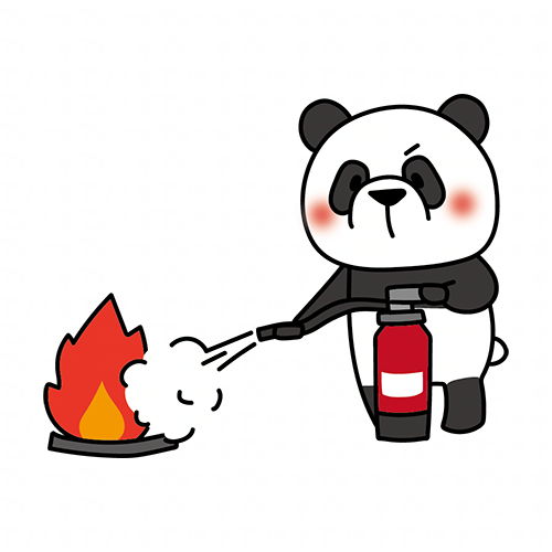 消火器を使って消火の練習をするパンダ