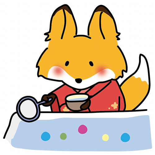赤い浴衣を着てボールすくいをするキツネ