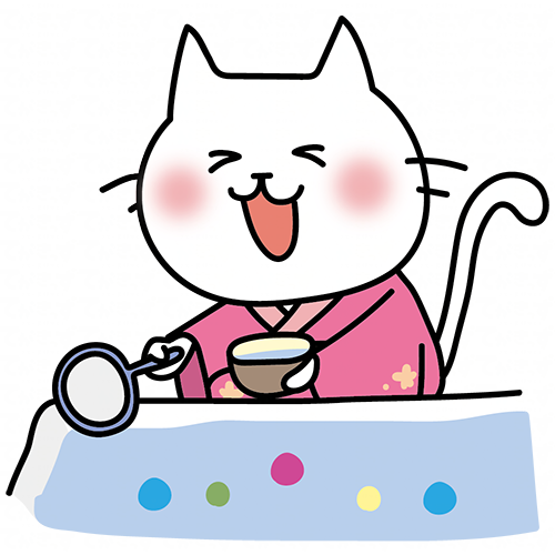ピンクの浴衣を着てボールすくいをする白い猫
