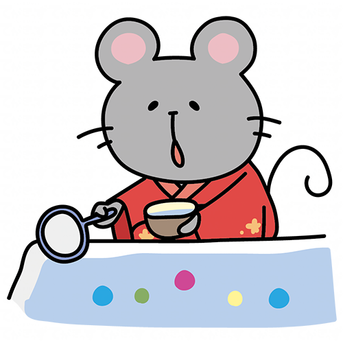 赤い浴衣を着てボールすくいをするネズミ