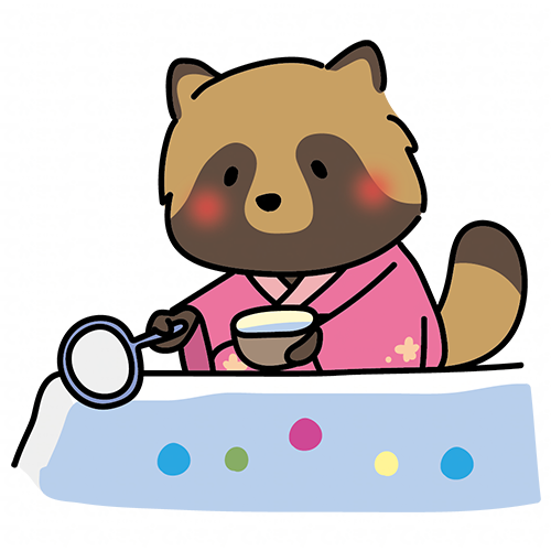 ピンクの浴衣を着てボールすくいをするタヌキ
