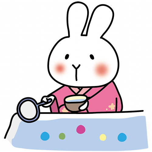 ピンクの浴衣を着てボールすくいをする白いうさぎ