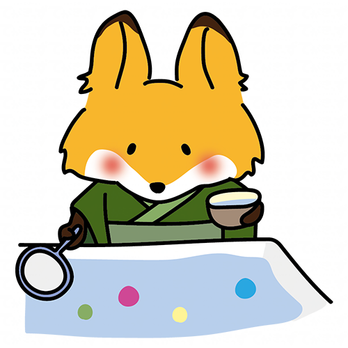 緑の浴衣を着てボールすくいをするキツネ