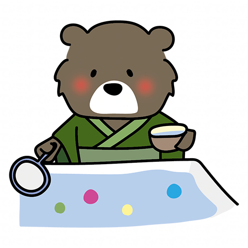 緑の浴衣を着てボールすくいをするクマ
