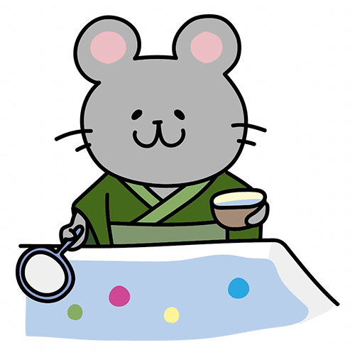 緑の浴衣を着てボールすくいをするネズミ