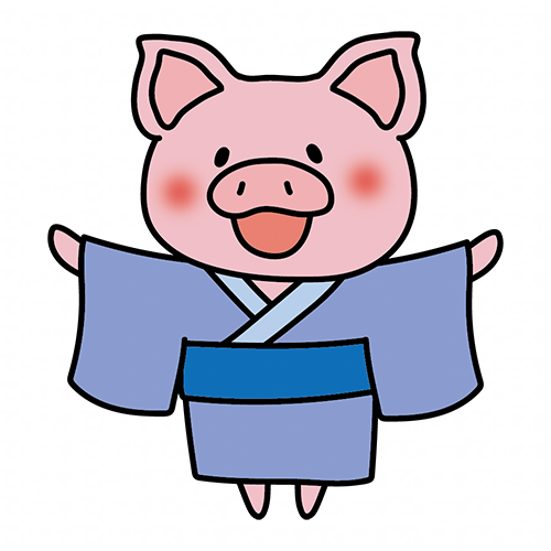 青い浴衣を着ているぶた
