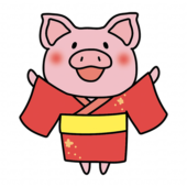 赤い浴衣を着て空を見上げるぶた