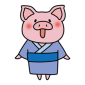 青い浴衣を着て空を見上げるぶた