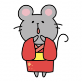 赤い浴衣を着て空を見上げるネズミ