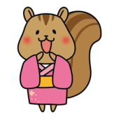 ピンクの浴衣を着て空を見上げるリス