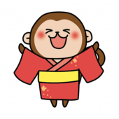 赤い浴衣を着て空を見上げる猿