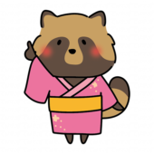 ピンクの浴衣を着て空を見上げるタヌキ