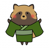 緑の浴衣を着て空を見上げるタヌキ